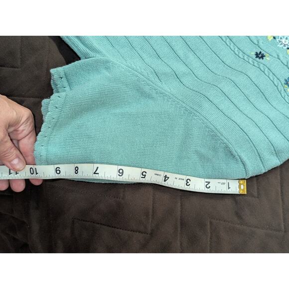 Pretty VINTAGE 1990s Alfred Dunner aqua short sleeve knit floral sweater size M - Picture 8 of 9